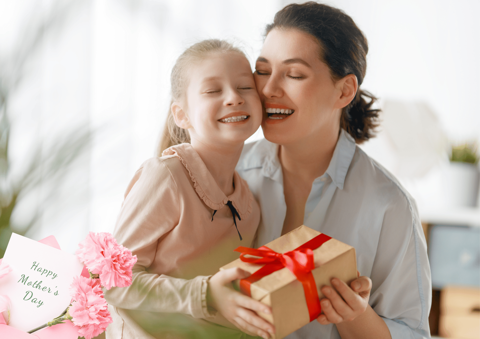Canadian Mother’s Day gift-giving: a mother and daughter sharing a happy moment with flowers and a wrapped gift.