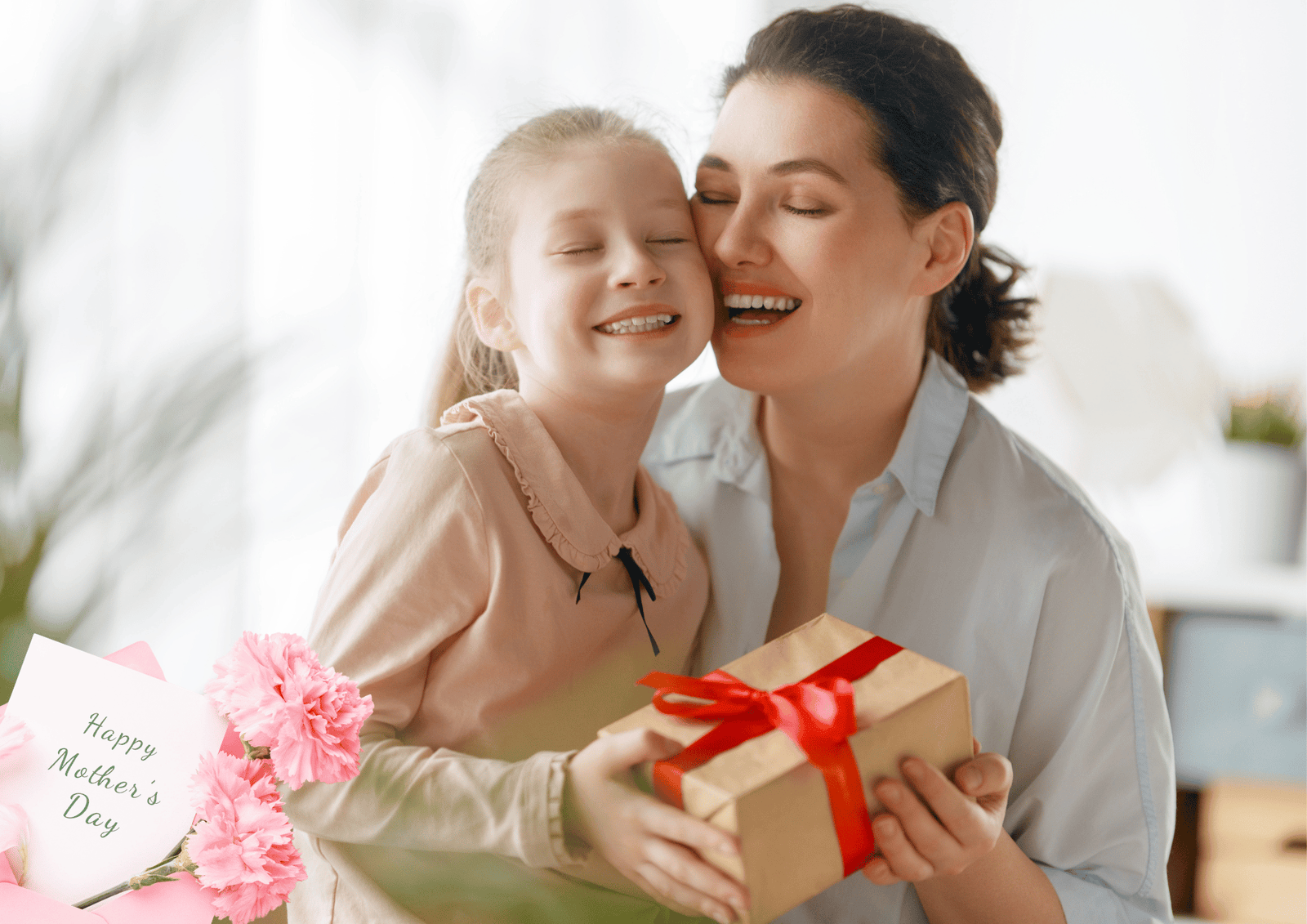 Canadian Mother’s Day gift-giving: a mother and daughter sharing a happy moment with flowers and a wrapped gift.