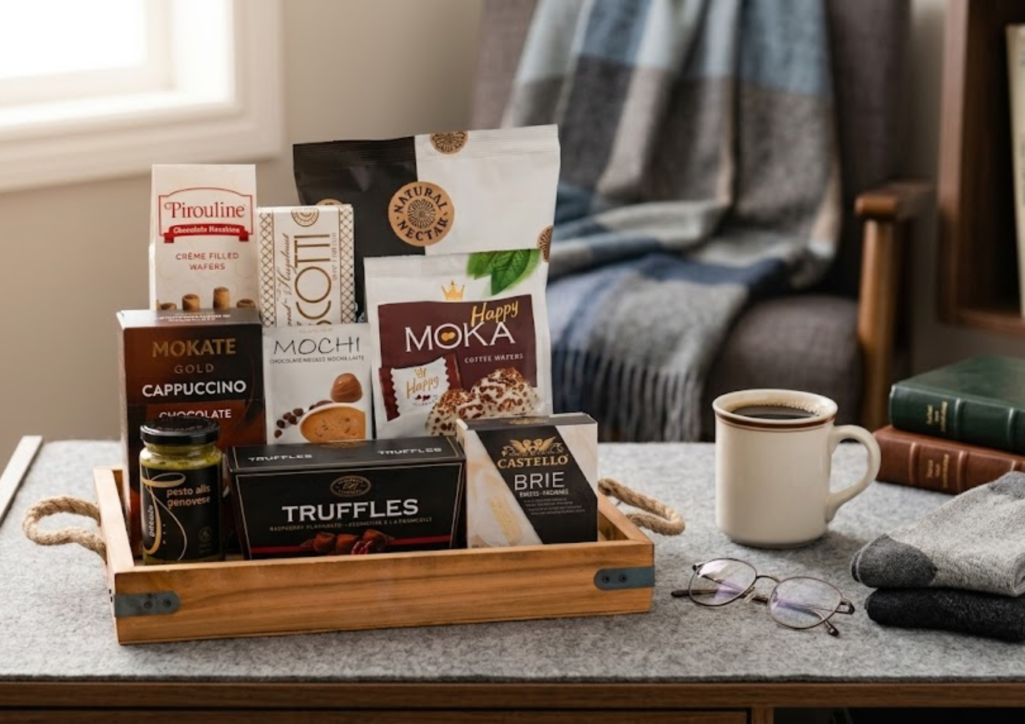 Get well gift basket for men featuring Mokate cappuccino, Castello brie, coffee wafers, and truffles on a wooden tray.