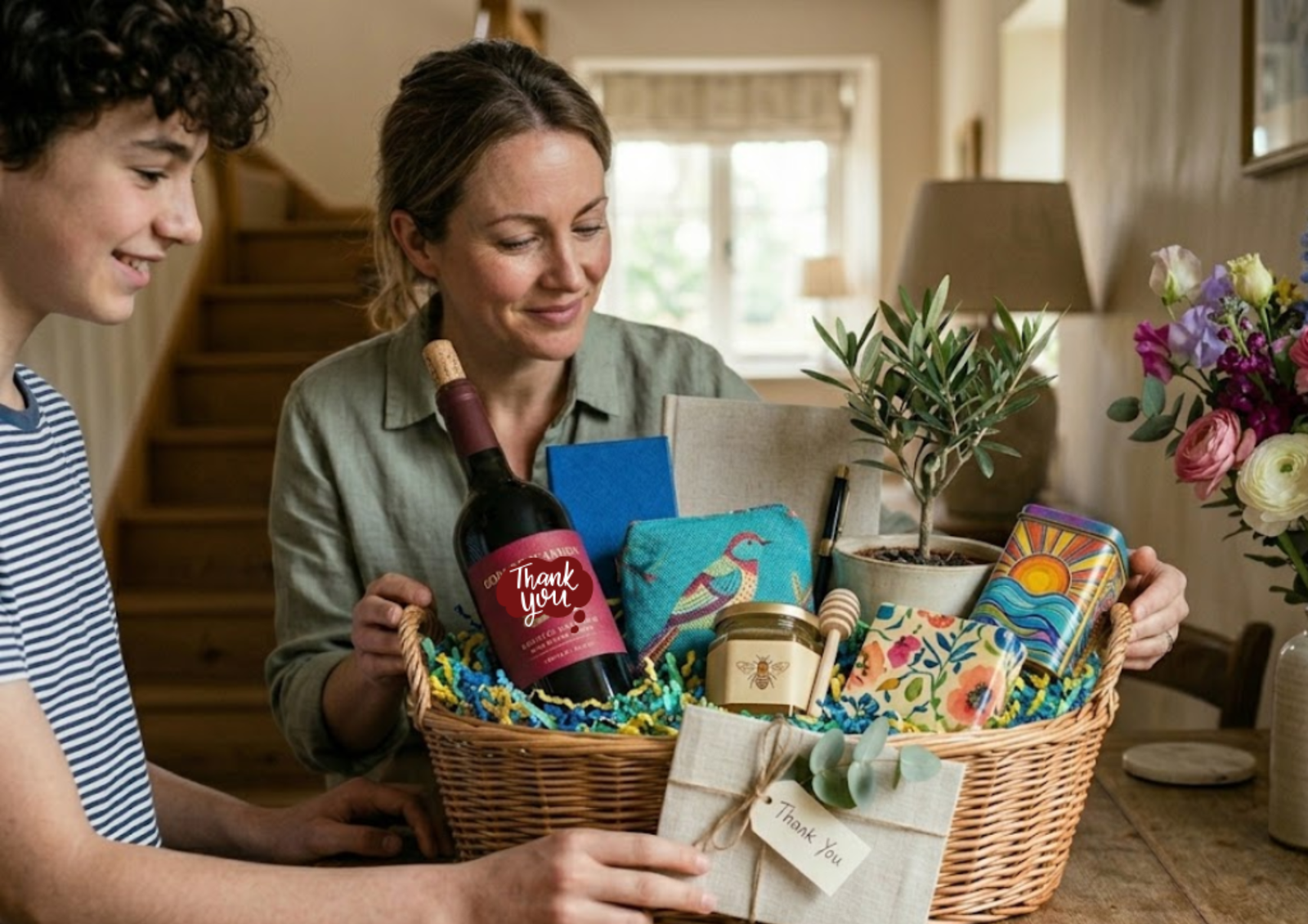Large gourmet thank you basket with a bottle of red wine, a small olive tree, honey, and colorful artisanal gifts.