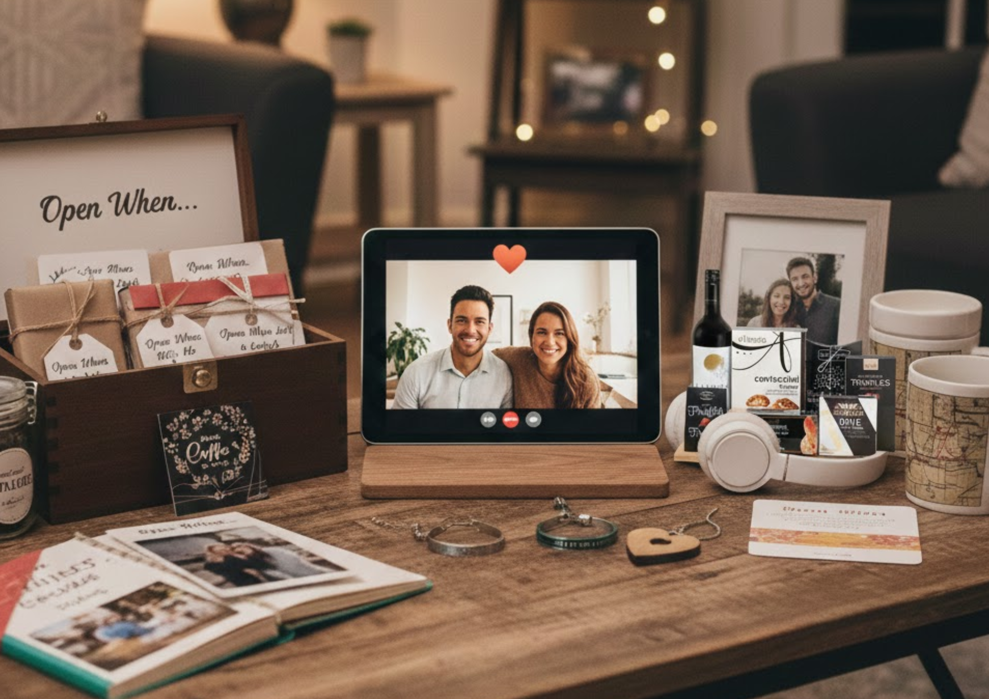 Valentine’s Day gift setup for long-distance couples with video call screen, memory box, photos, and keepsakes.