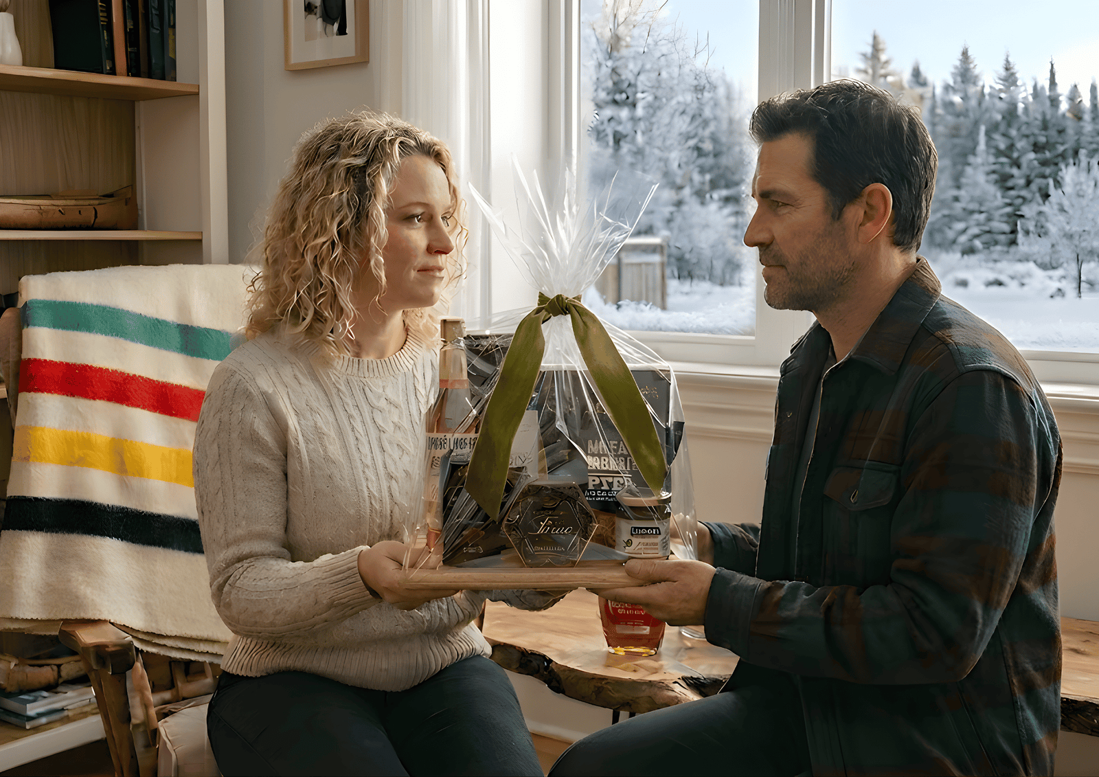 A man in flannel presents a cellophane-wrapped gourmet gift basket to a woman in a cable-knit sweater by a snowy window.