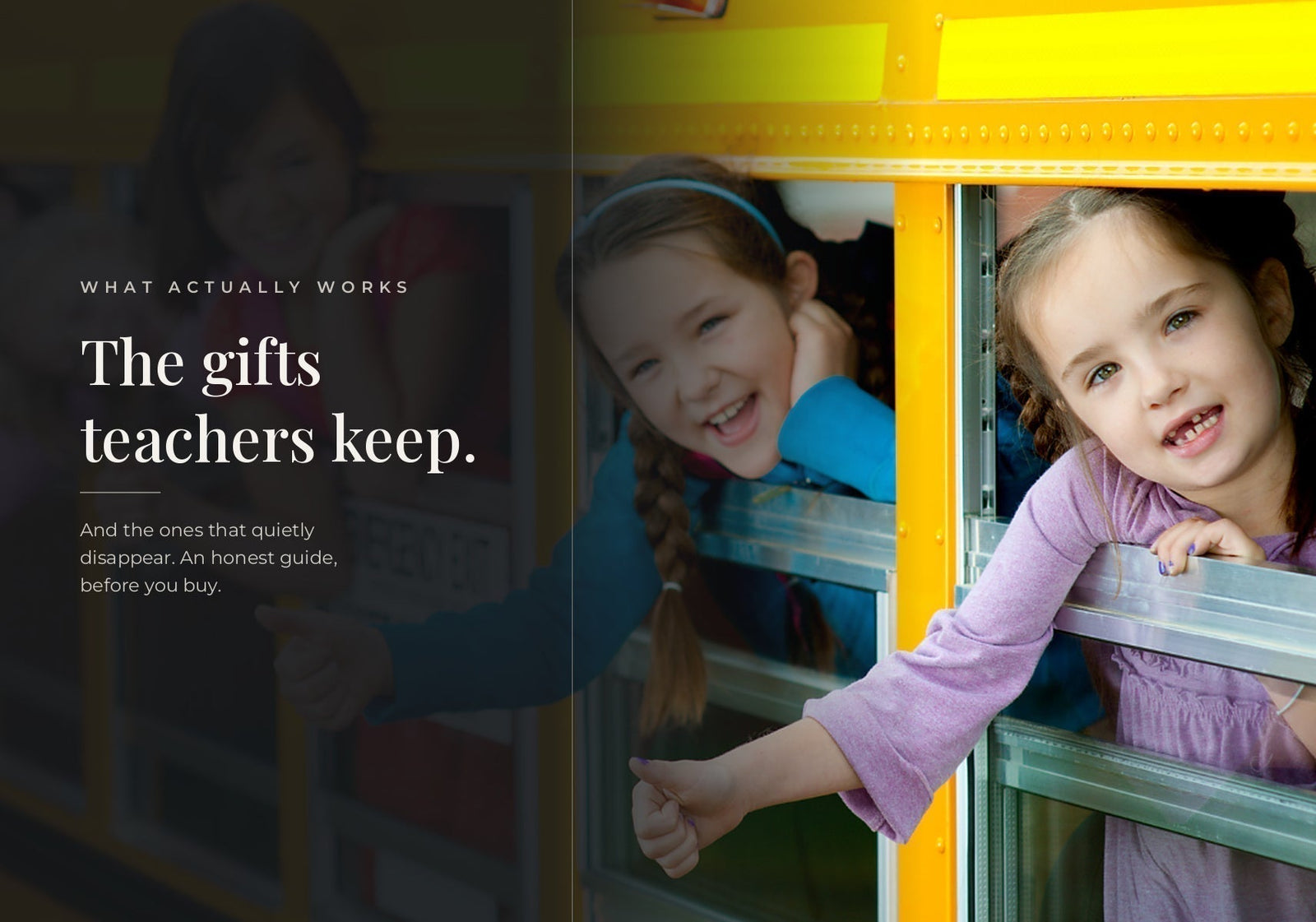 Happy school children smiling and looking out a yellow school bus window for teacher back-to-school gift ideas.