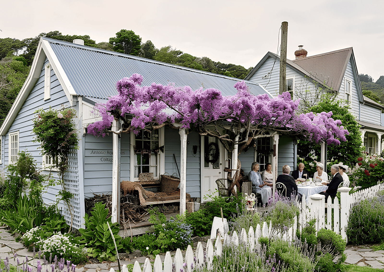 Best Hostess Gifts for a Cottage Weekend: A group enjoying an outdoor tea party by a light blue cottage with purple wisteria.
