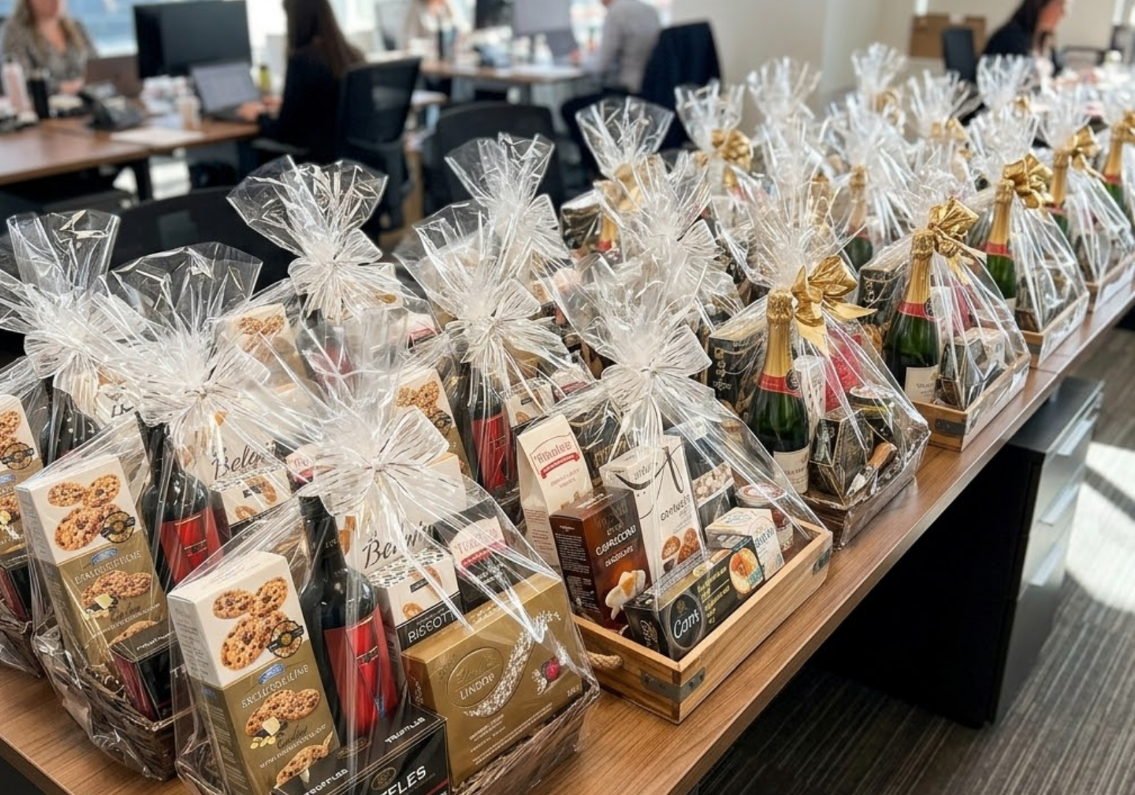 Bulk Corporate Gift Baskets: Cellophane-wrapped wine and gourmet baskets arranged in rows across a modern office table.