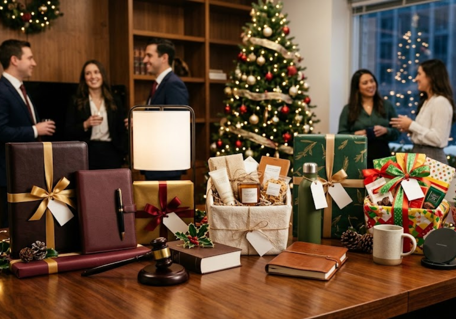 Holiday gift baskets, wrapped presents, and journals on a law office table with staff celebrating near a Christmas tree.