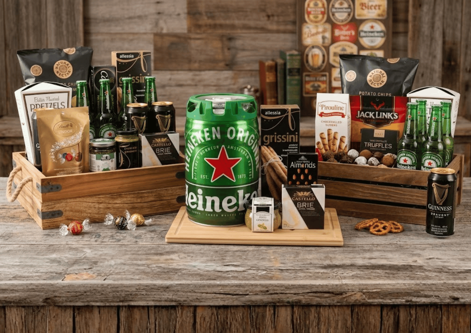 Father's Day Beer & Snack Baskets: Heineken keg, Guinness cans, snacks, and cheese on a rustic wooden counter.
