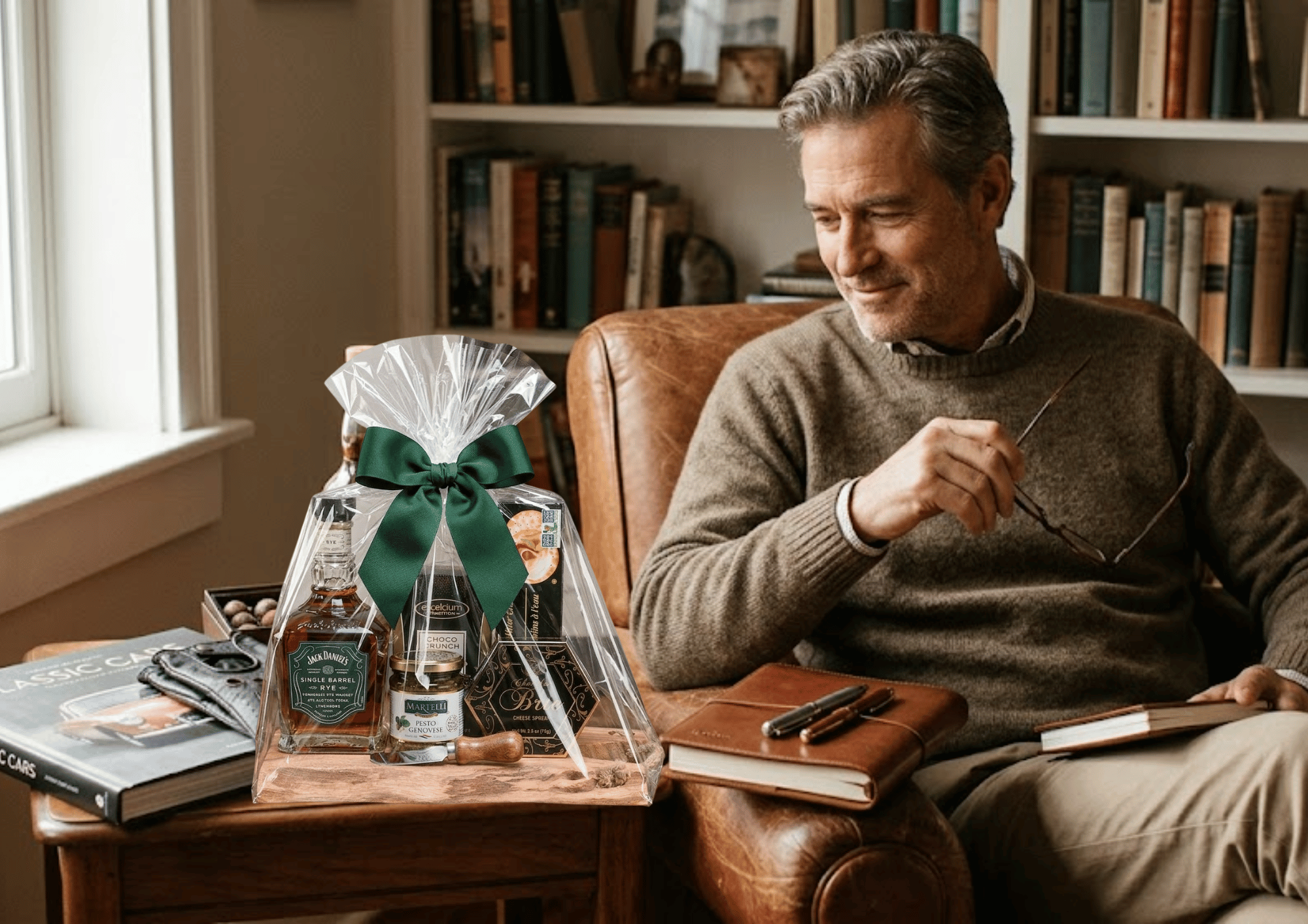 A mature man near a cellophane-wrapped whiskey gift basket on a side table in a library room.