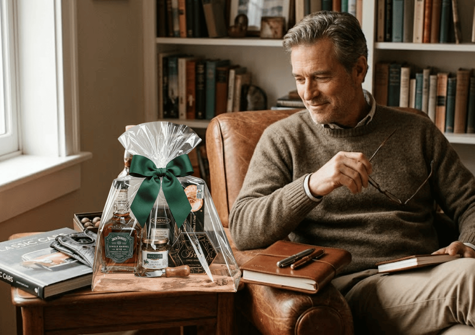 A mature man near a cellophane-wrapped whiskey gift basket on a side table in a library room.
