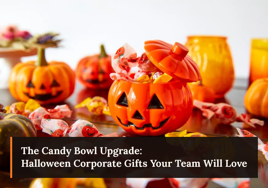 Plastic pumpkin containers filled with Halloween treats and text overlay "Halloween Corporate Gifts Your Team Will Love".