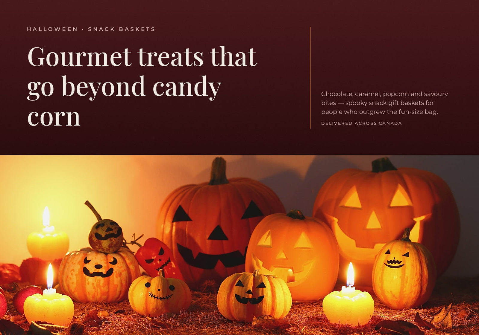 A festive display of carved jack-o'-lanterns and glowing candles on a dark background.