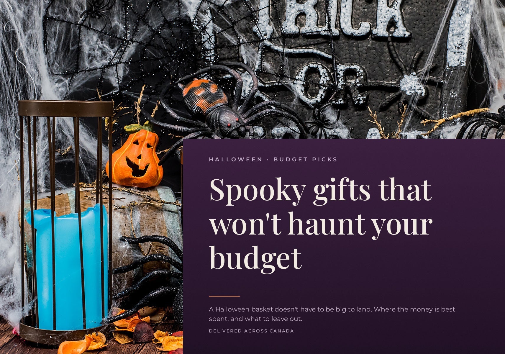 A spooky Halloween display with a glowing blue candle in a cage, a small pumpkin, and plastic spiders.