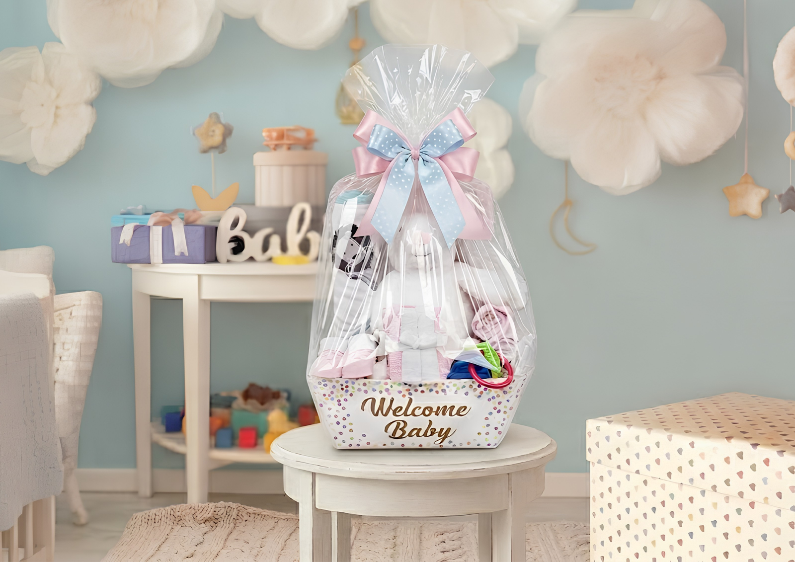 ast-Minute Baby Shower Gift: A wrapped confetti basket on a small table in a pastel blue nursery room.