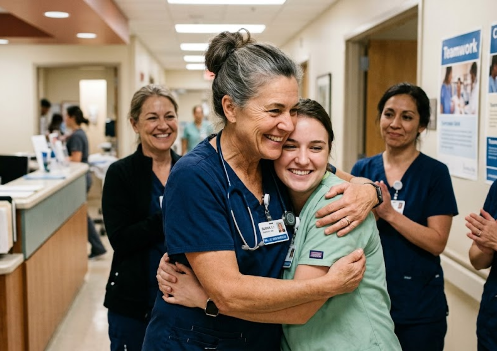 A retiring senior nurse hugging a smiling younger colleague in a hospital hallway while coworkers applaud.