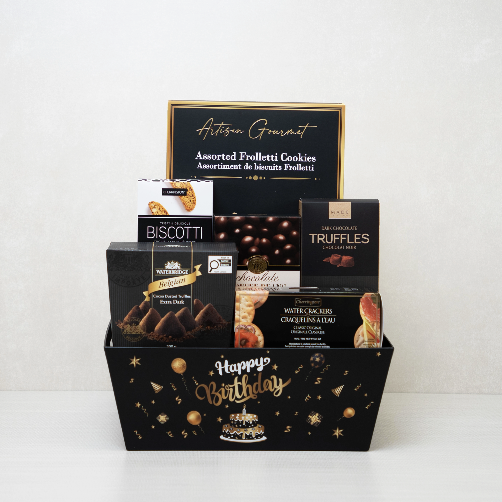 Happy Birthday Gourmet Basket: Coffee beans, cookies, almond biscotti, truffles, and crackers.