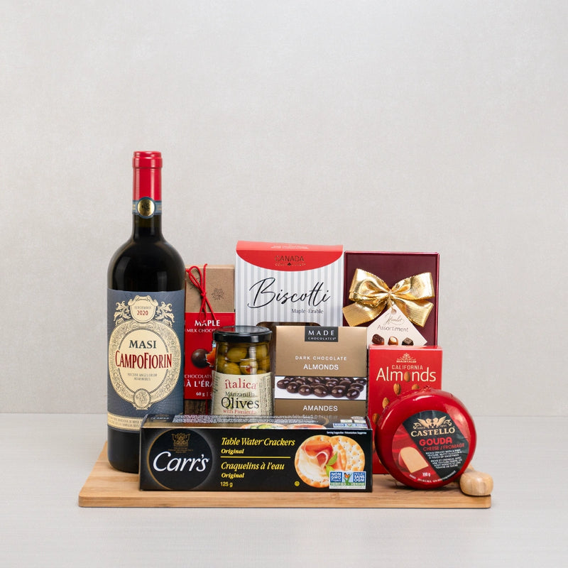 A premium gift basket with Masi red wine, biscotti and gold-ribboned chocolates
