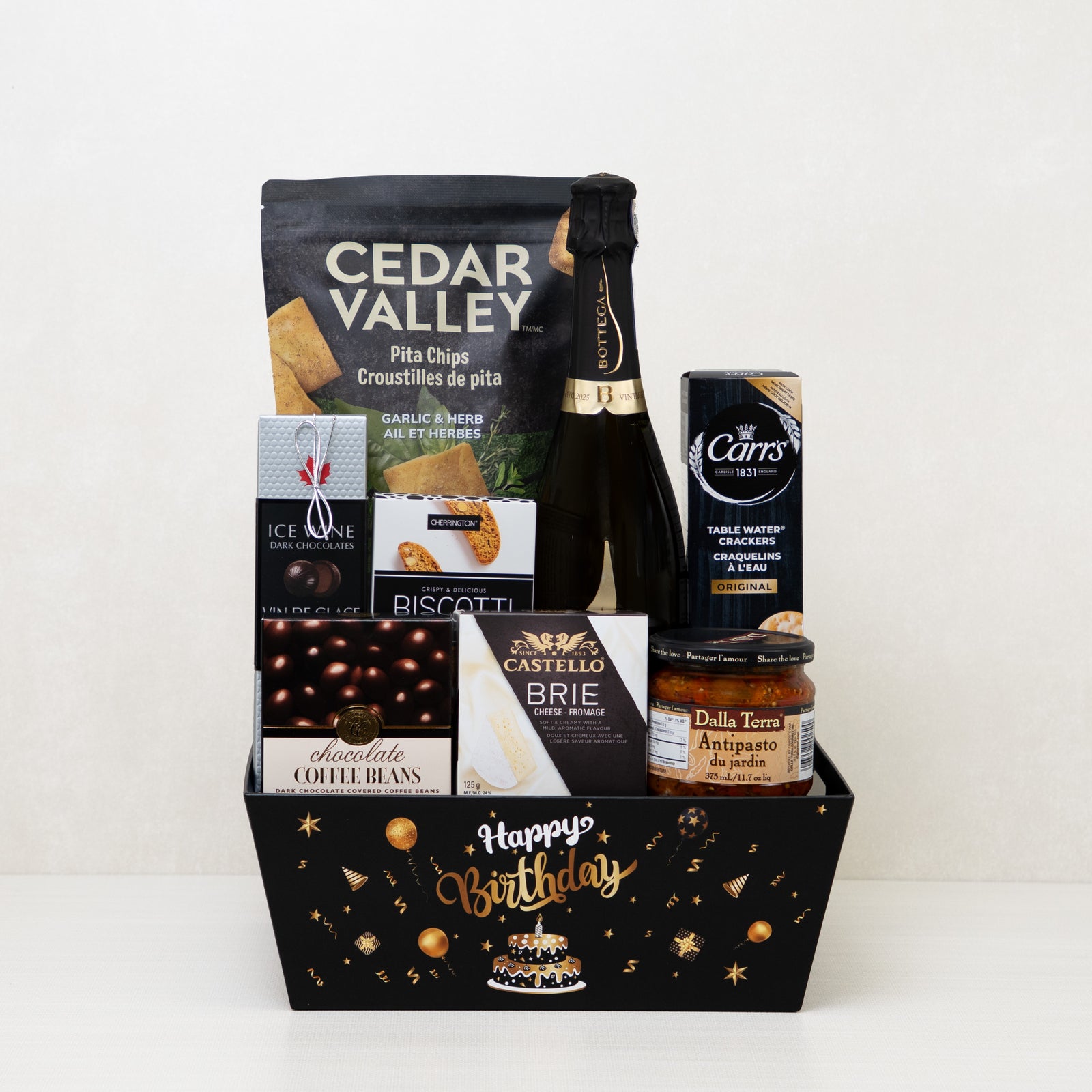 Sparkling Birthday Celebration Basket: Sparkling wine, brie, biscotti, ice wine chocolates, antipasto, and more.