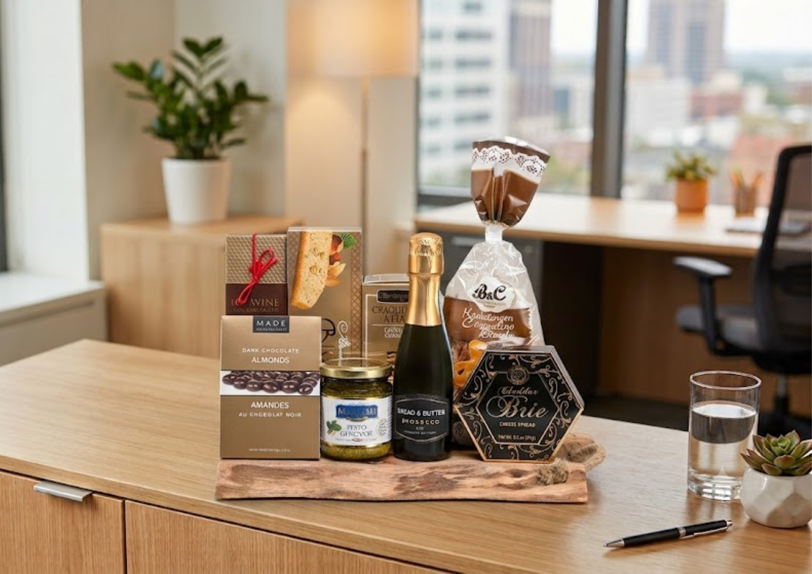 Corporate get well gift basket with prosecco, chocolate almonds, brie, and gourmet snacks on a office desk.