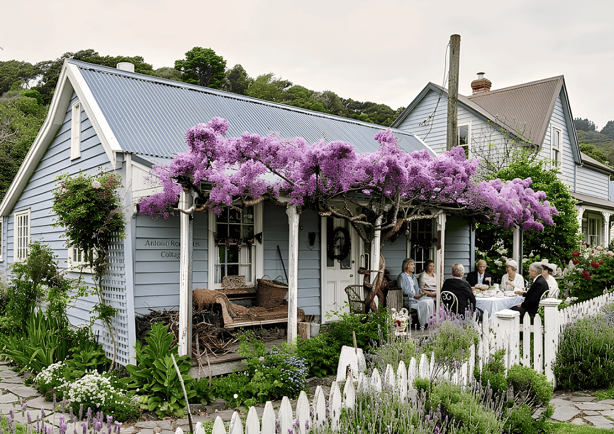 Best Hostess Gifts for a Cottage Weekend: A group enjoying an outdoor tea party by a light blue cottage with purple wisteria.