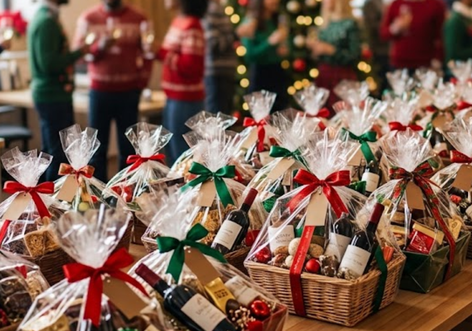 Rows of holiday wine and gourmet gift baskets wrapped in cellophane with bows on an office table at a staff Christmas party.