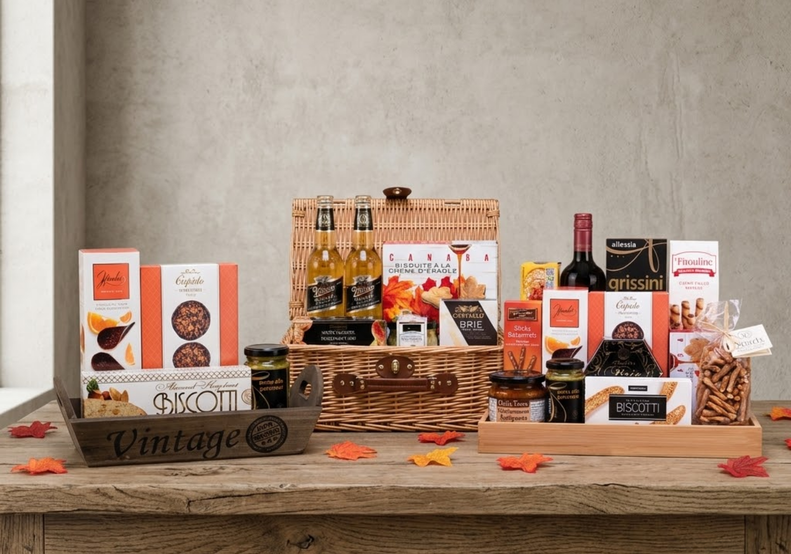 Bulk Thanksgiving Gift Baskets: Wine, cider, brie, biscotti, chocolates, and snacks in a wicker hamper and wooden trays.
