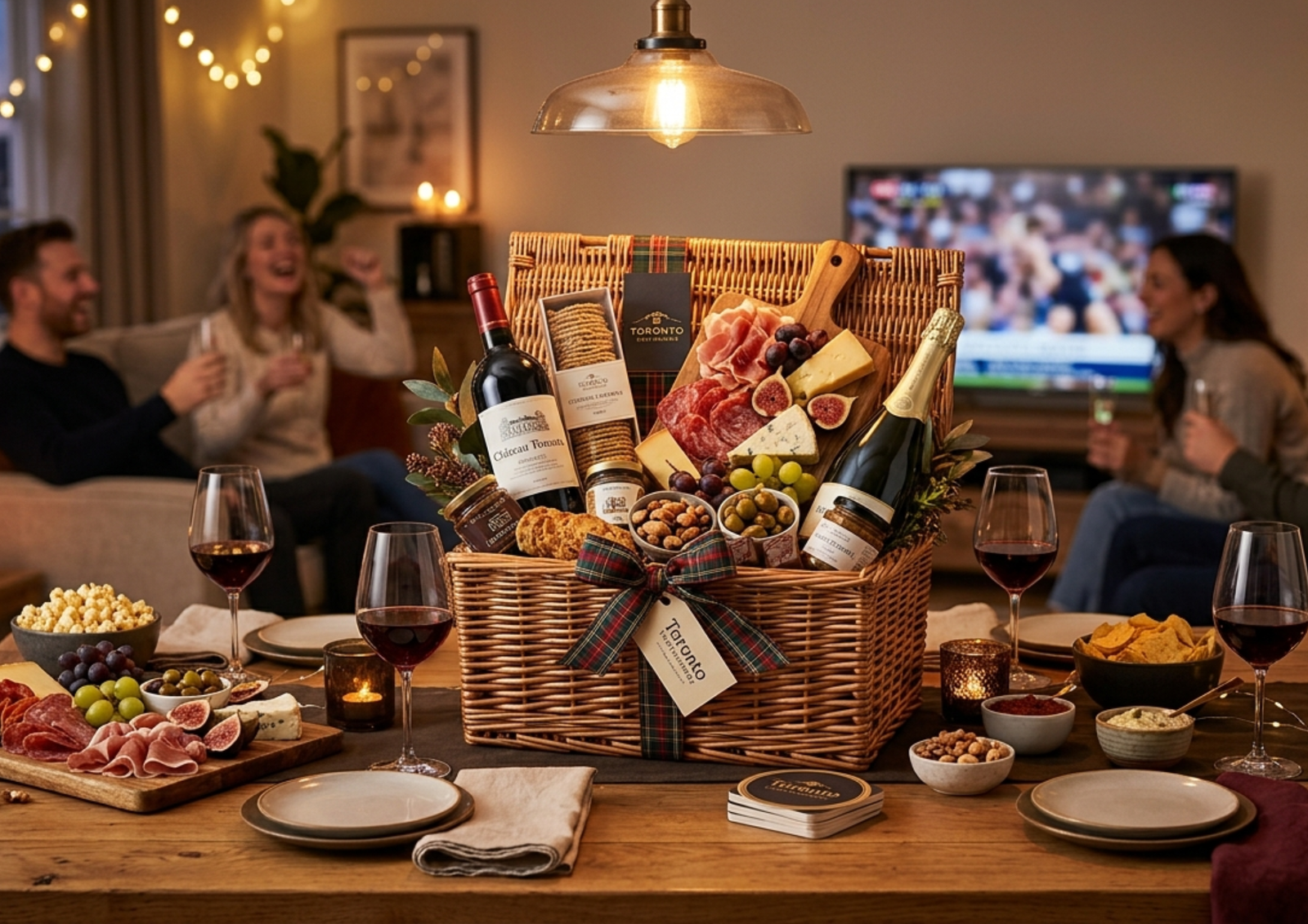 A large gourmet gift basket filled with wine, cheese, and charcuterie on a table as friends watch a match on TV.