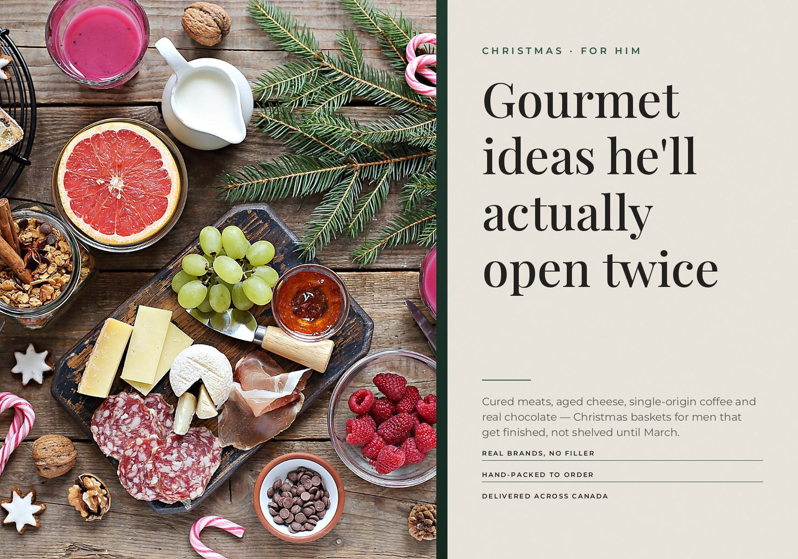 A flat lay of a gourmet charcuterie board with cured meats, cheese, grapes, berries, and coffee on a wooden table.