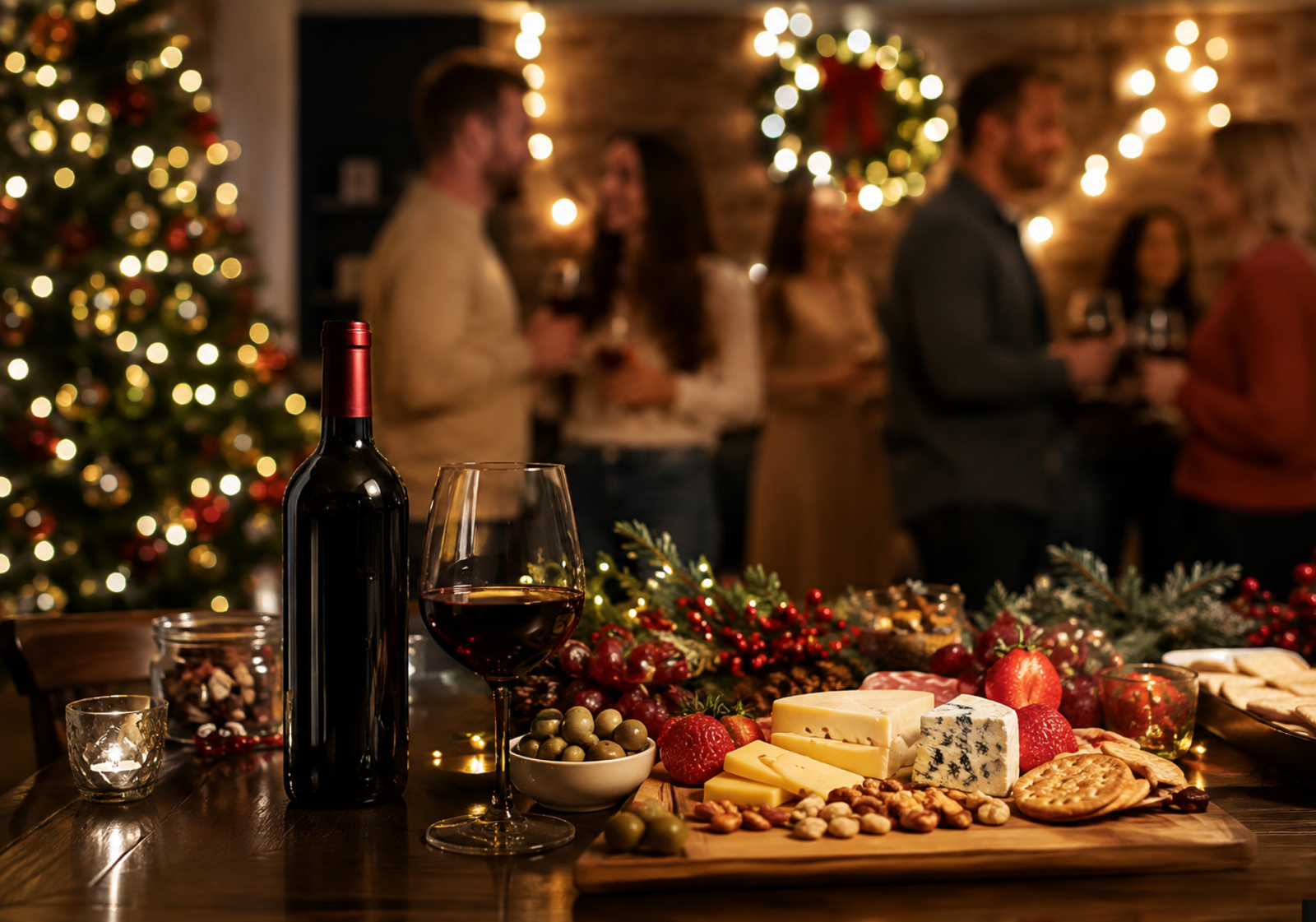 Red wine bottle and glass beside a cheese board with grapes and crackers at a cozy Christmas holiday party.