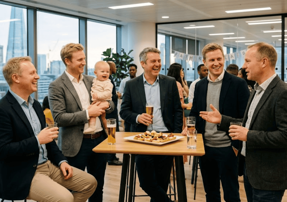 Professionals laughing at an office party with drinks, appetizers, and a baby, showing corporate gifting.
