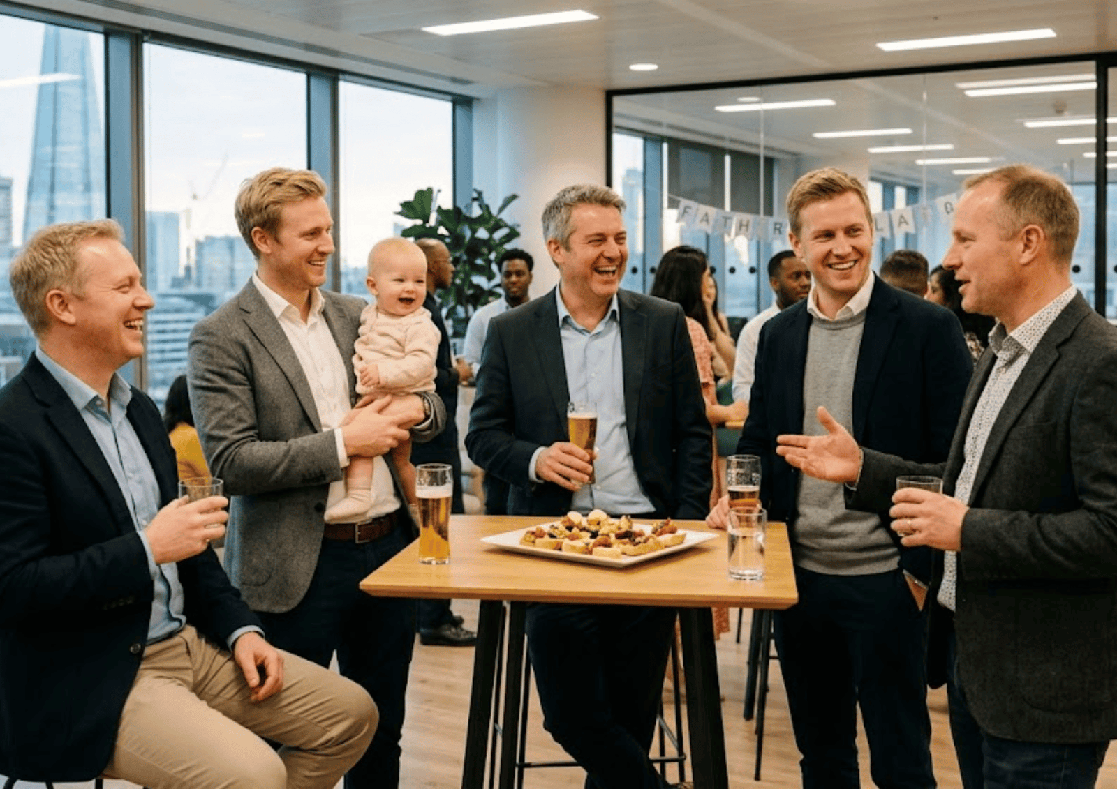 Professionals laughing at an office party with drinks, appetizers, and a baby, showing corporate gifting.