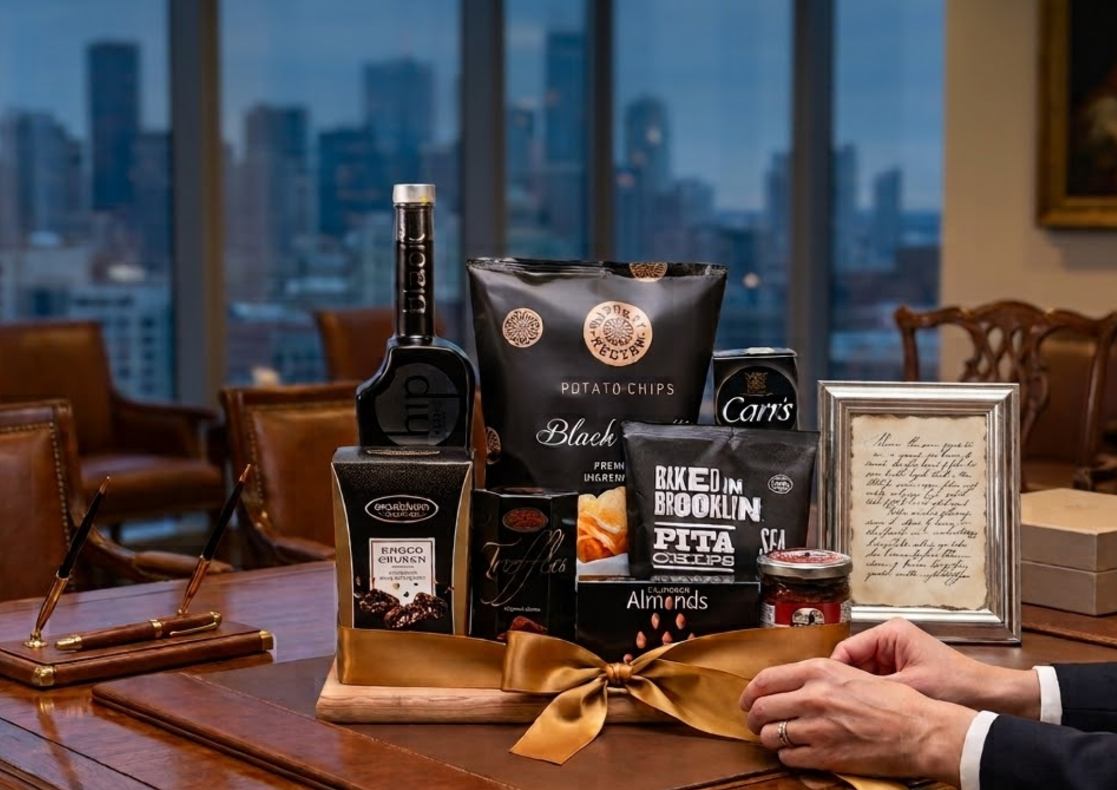High-end corporate gift basket featuring gourmet chocolates, snacks, and fine wine, ideal for executive in-laws and professional gifts.