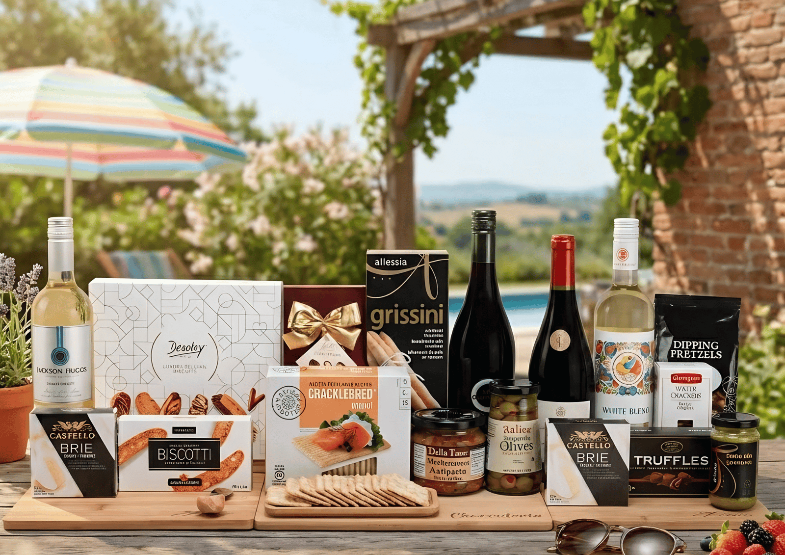 What to Put in a Custom Summer Gift Basket: An abundant spread of wine bottles, brie, crackers, biscotti, truffles, and olives on a sunny patio.