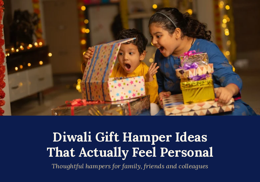 Children opening presents during Diwali celebrations with headline "Diwali Gift Hamper Ideas That Actually Feel Personal".