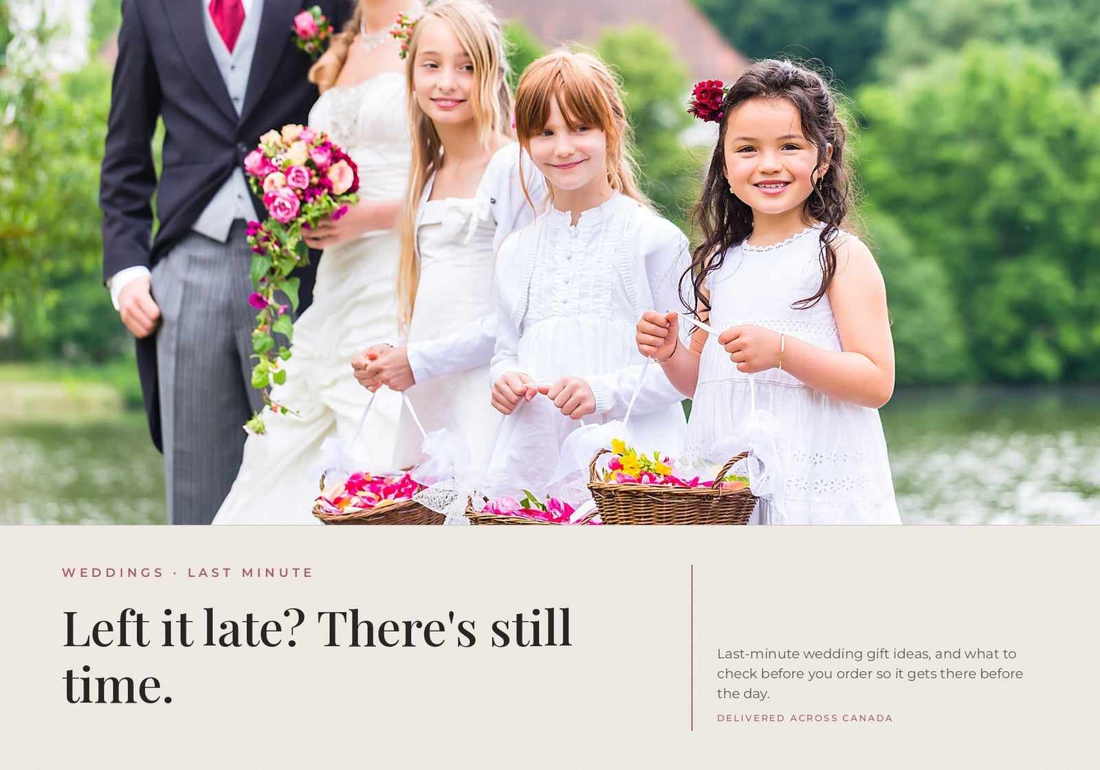 Flower girls holding baskets of petals alongside a bride and groom during an outdoor wedding.