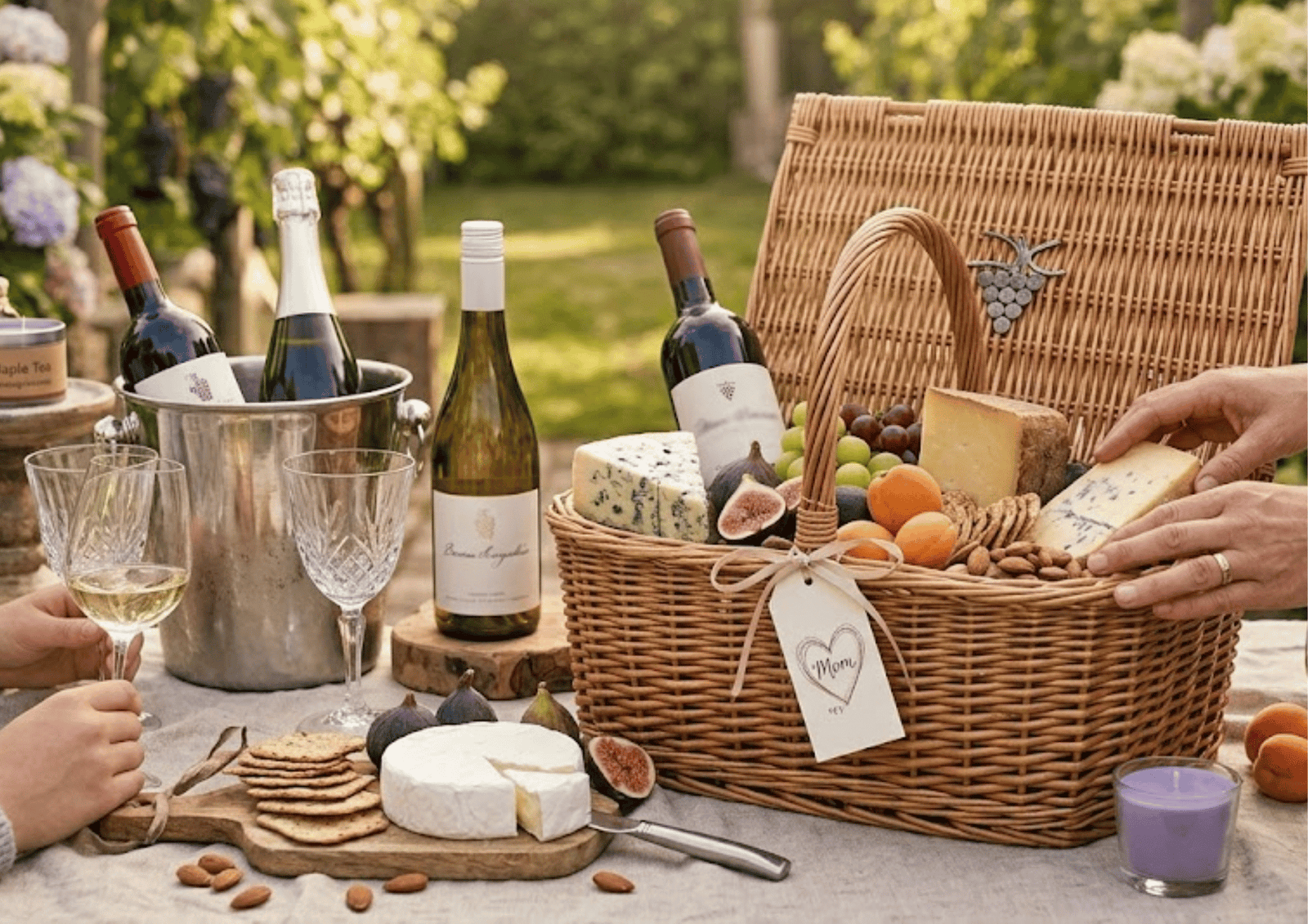 Luxury Mother's Day wine and cheese picnic featuring multiple wine bottles, blue cheese, crackers, and a "Mom" gift tag.