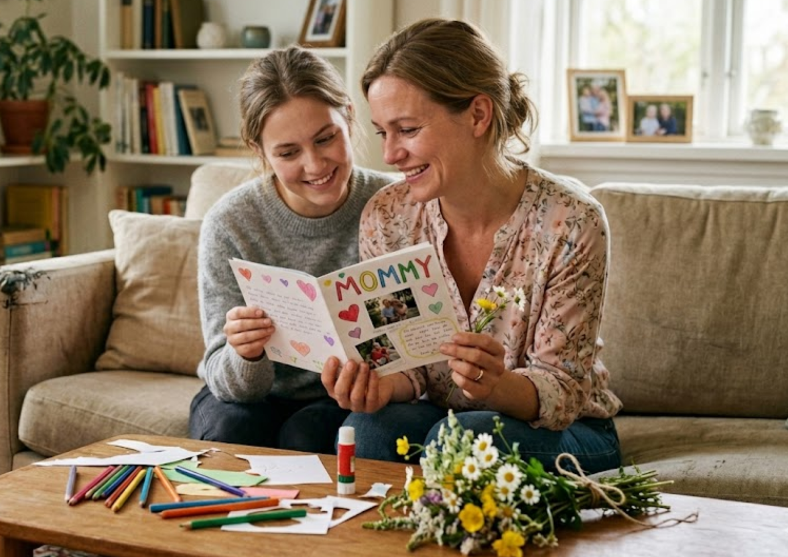 Budget-friendly Mother's Day gift: a mother and daughter enjoying a personalized card and a bouquet of wildflowers.