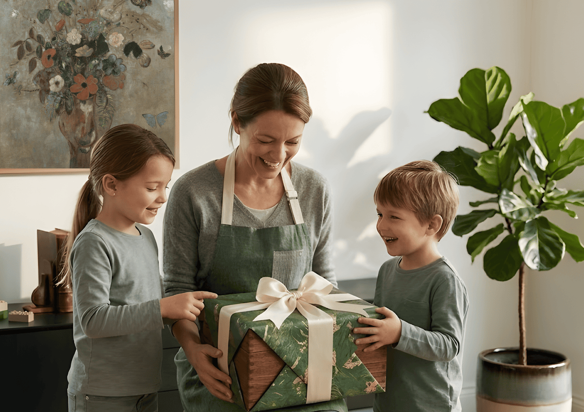 Two children gifting a large, premium Mother's Day gift box to their mom at home.
