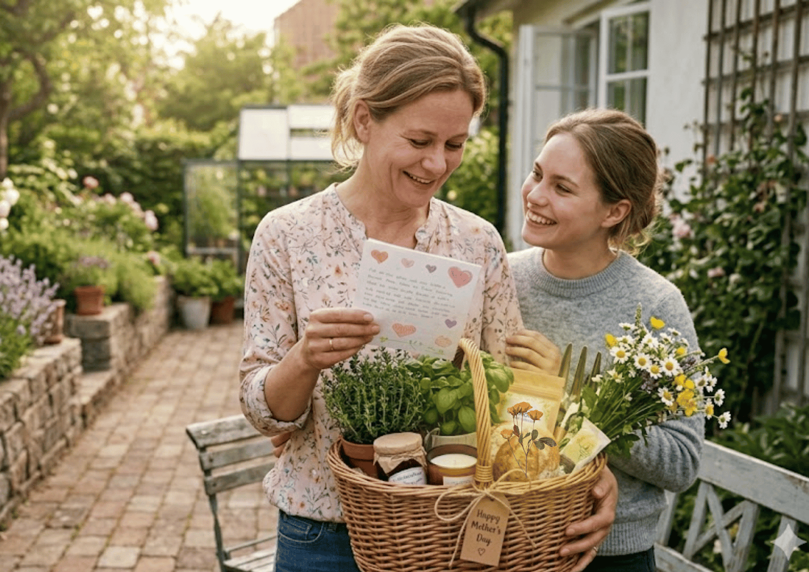 Personalized Mother’s Day gift basket featuring live basil, rosemary, honey, and a handmade card in a sunny garden.