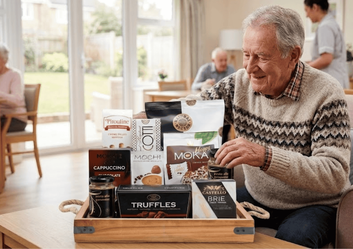 What to Send a Dad Who Lives in a Long-Term Care Home: An elderly father smiling at a gourmet gift basket in a senior home.