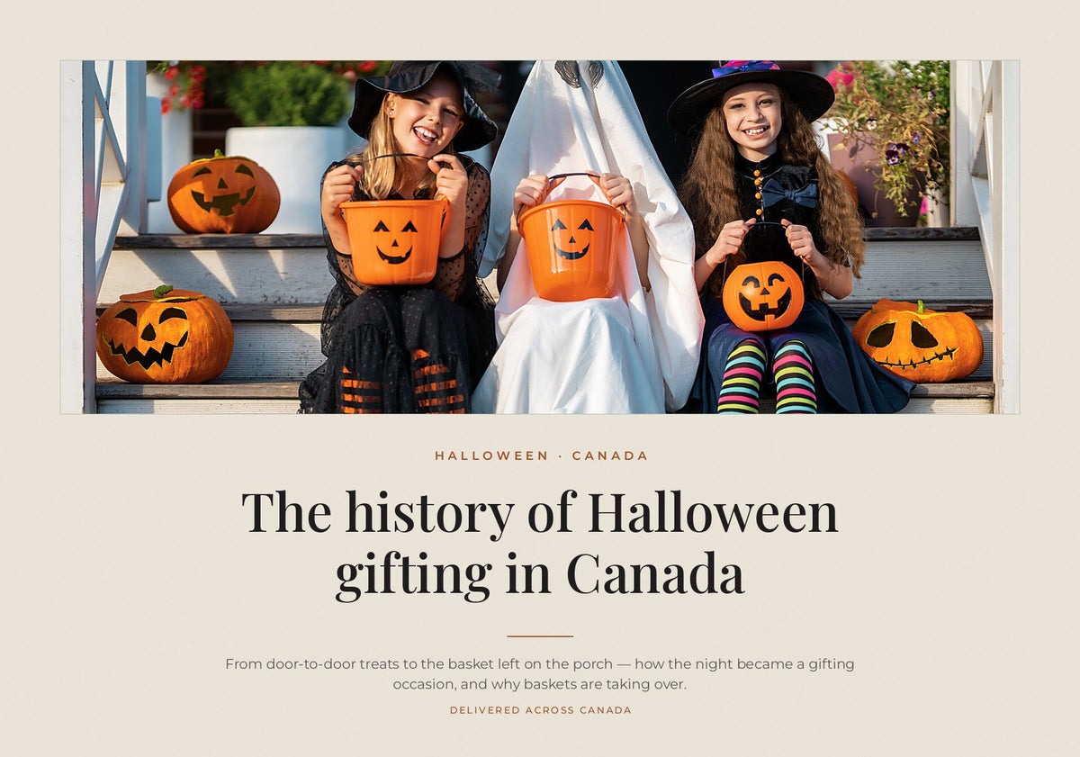 Children in Halloween costumes sitting on steps with jack-o'-lanterns and trick-or-treat buckets.