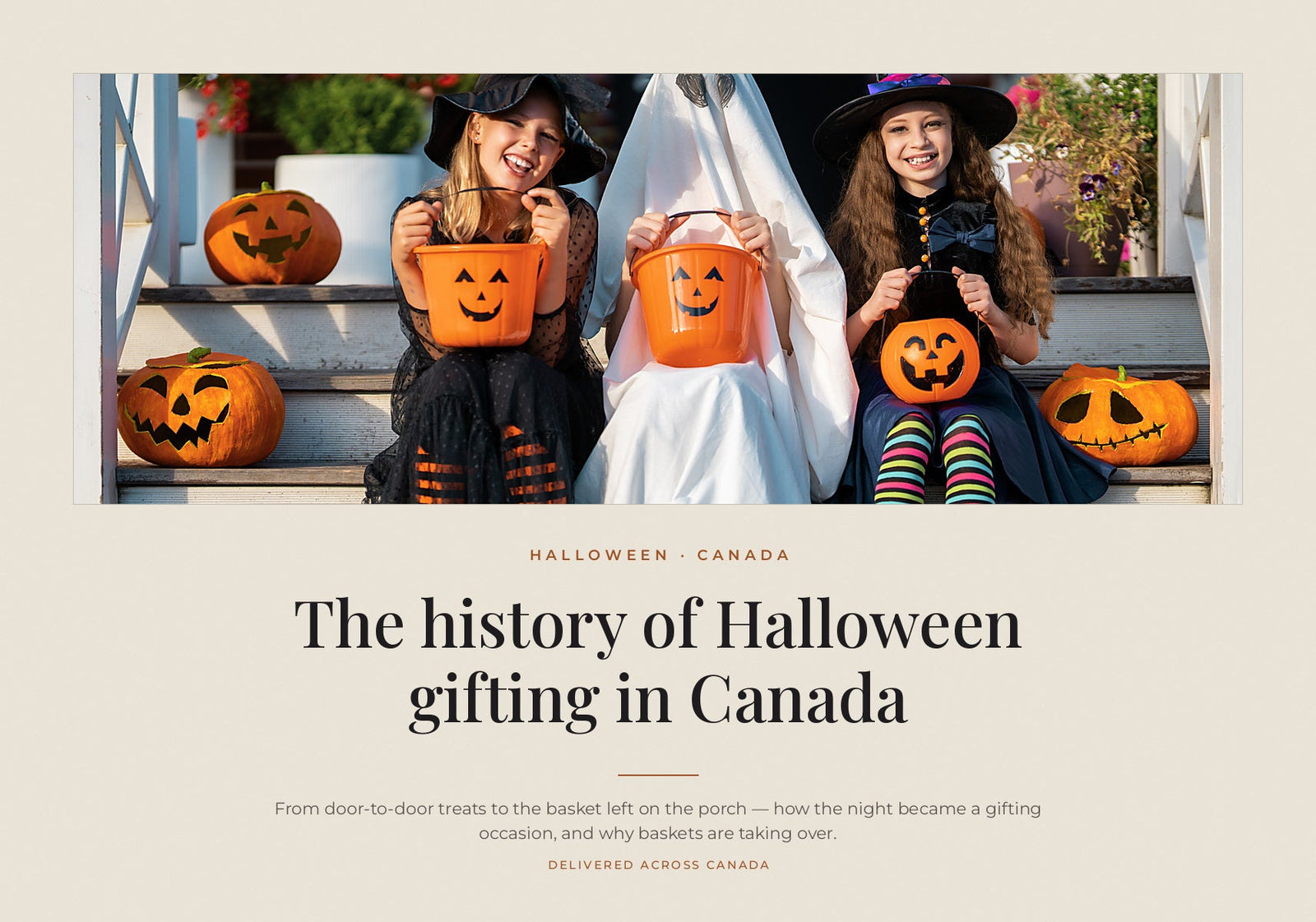 Children in Halloween costumes sitting on steps with jack-o'-lanterns and trick-or-treat buckets.