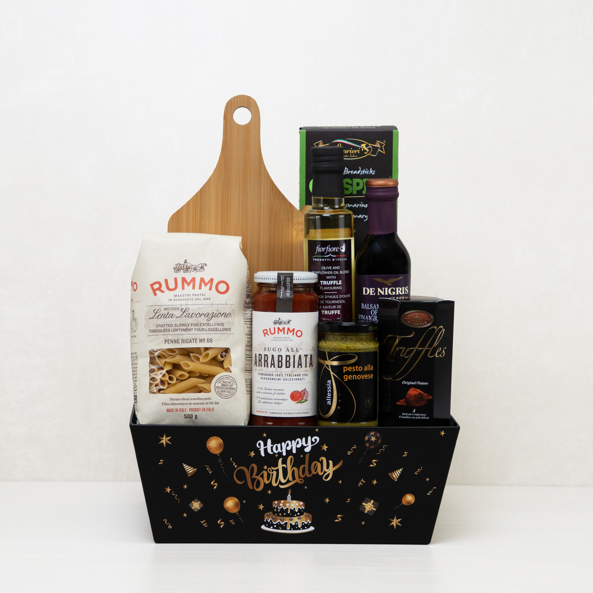 Birthday Pasta Night Basket with Rummo penne, arrabbiata sauce, pesto, truffle oil, balsamic and a bamboo paddle board