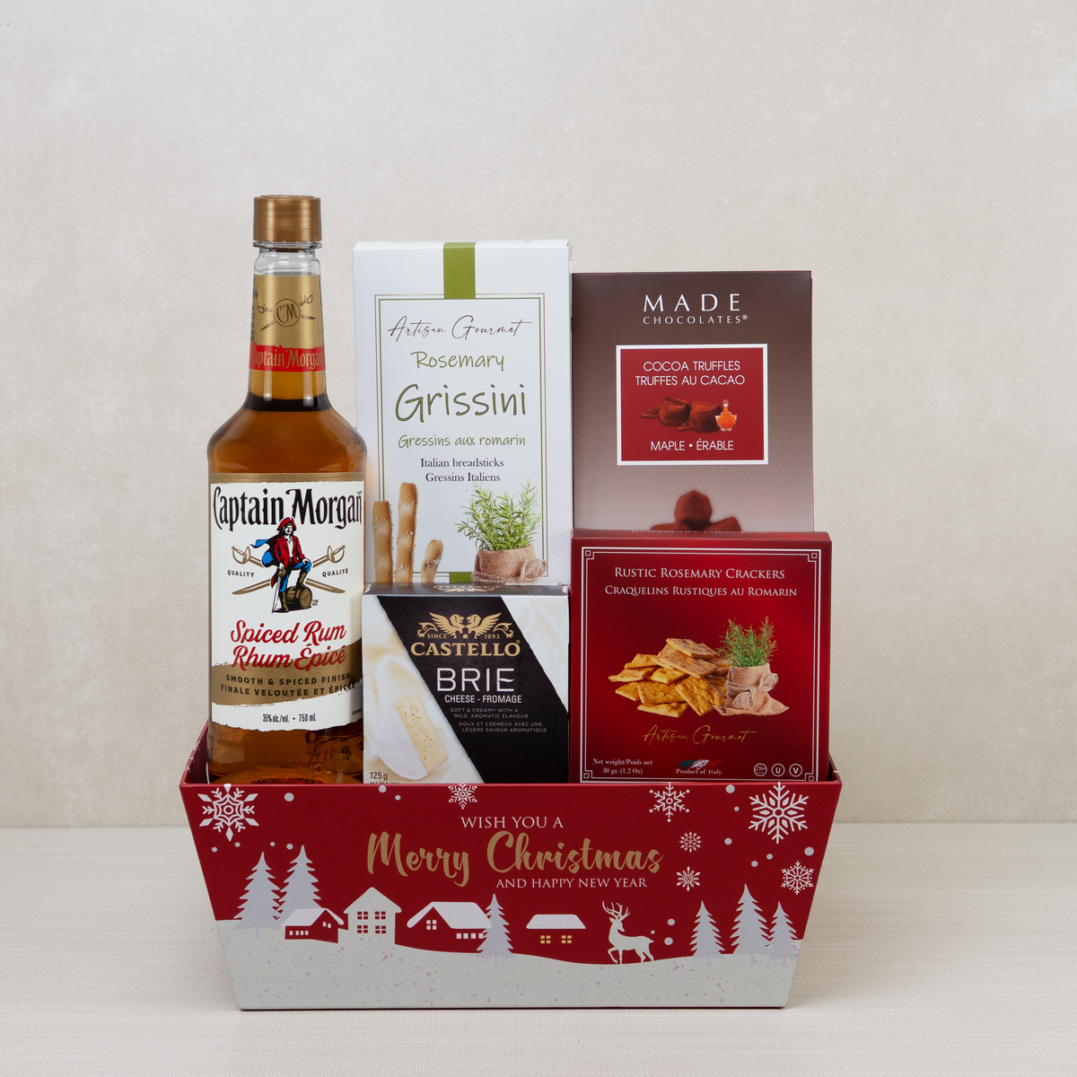 Christmas Spiced Rum Gift Basket with Captain Morgan spiced rum, Castello brie, Made maple truffles and rosemary grissini