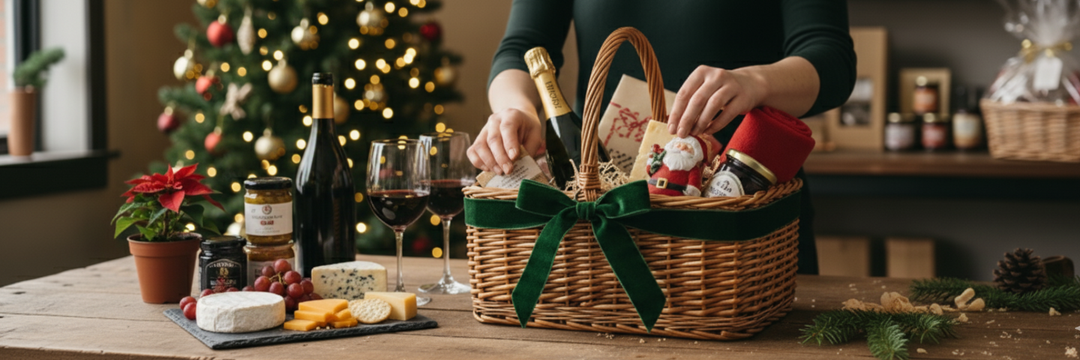 Christmas gift basket includes cheese, wine, gourmet food perfect for holiday celebration