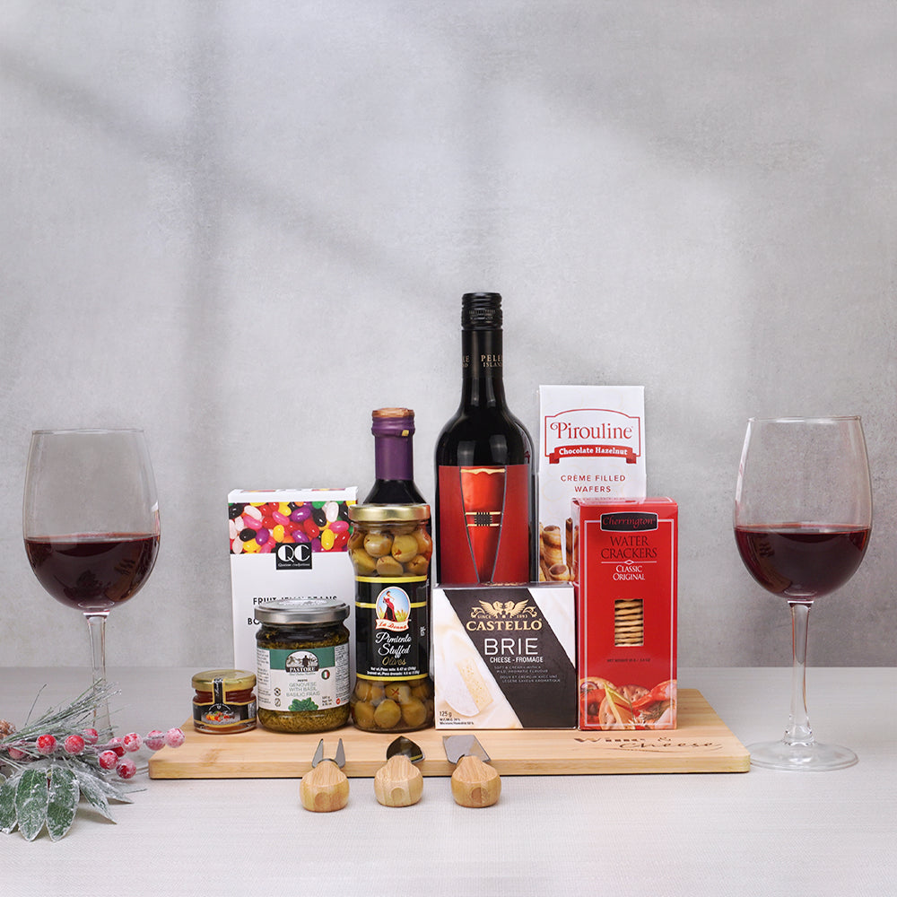 Red Wine & Brie Gourmet Gift Set with Pelee Island red, two wine glasses, Castello brie, stuffed olives and cheese knives