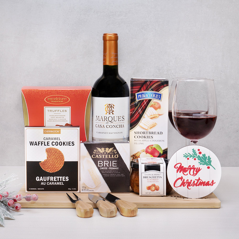 Christmas Delight Wine & Gourmet Feast gift set with Casa Concha Cabernet, Castello brie, a wine glass and cheese knives