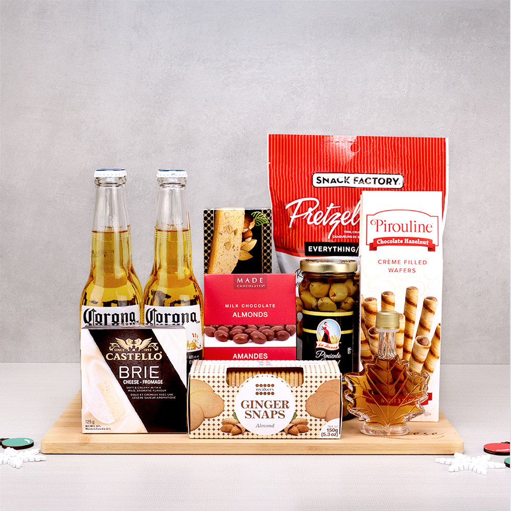 Corona & Savory Snacks Collection with two Corona beers, Castello brie, Pirouline wafers and maple syrup in a leaf bottle