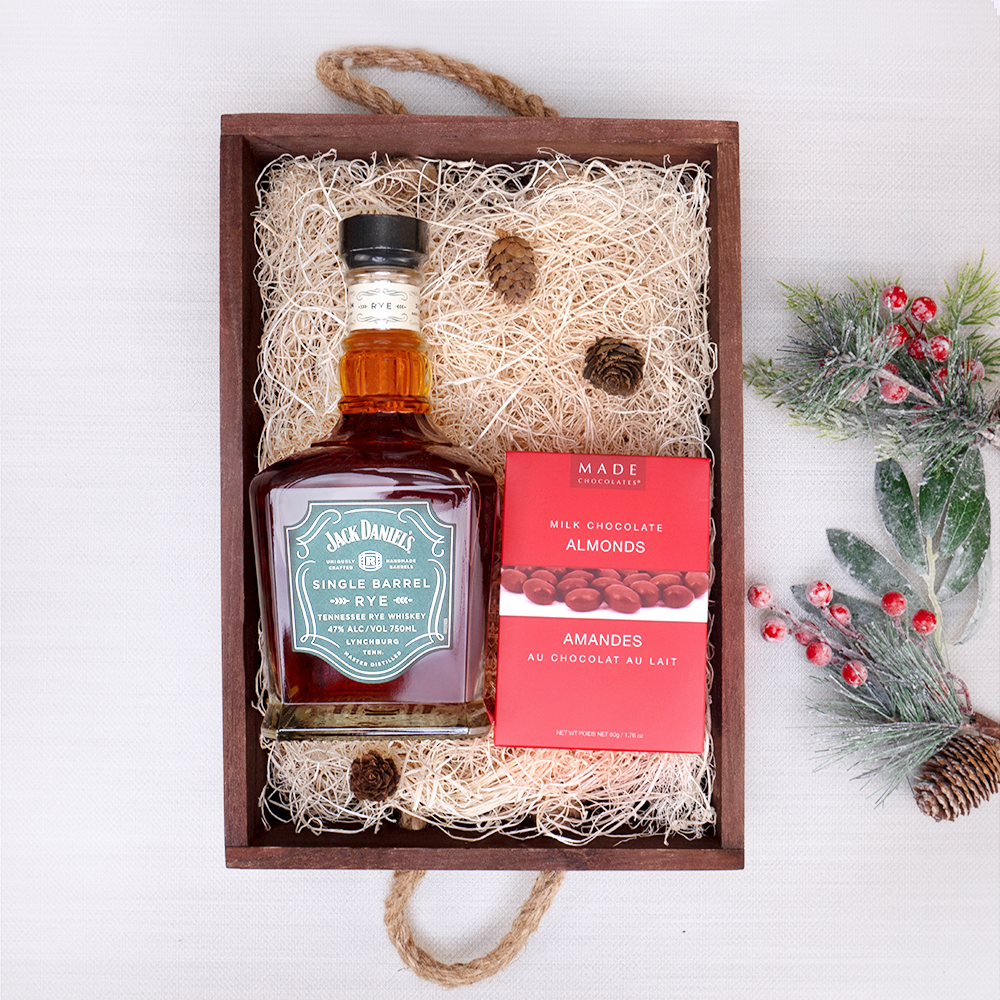 Jack Daniel's Prestige Gift Crate with Single Barrel Rye and Made milk chocolate almonds in a wooden crate with rope handles