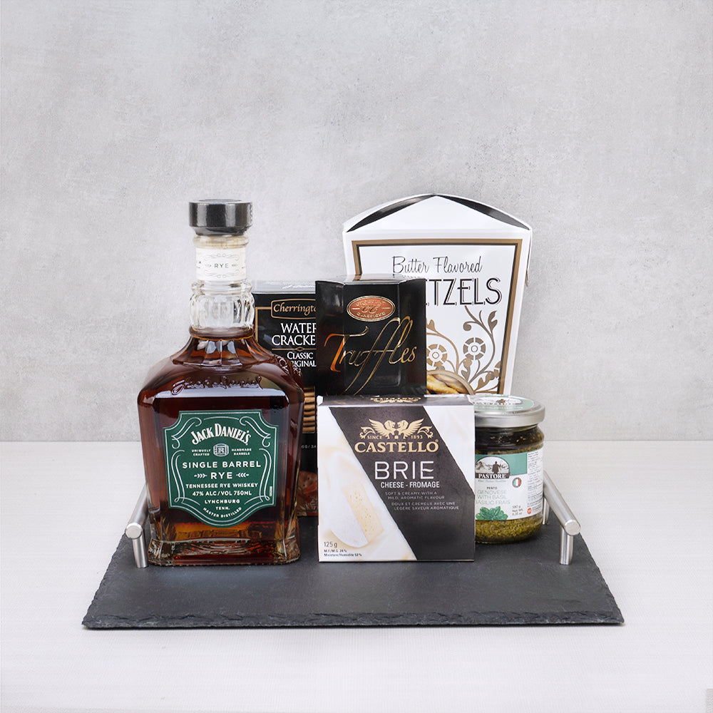 Jack Daniel's Signature Whiskey Gift Set with Single Barrel Rye, Castello brie, pesto and Belgian truffles on a slate tray