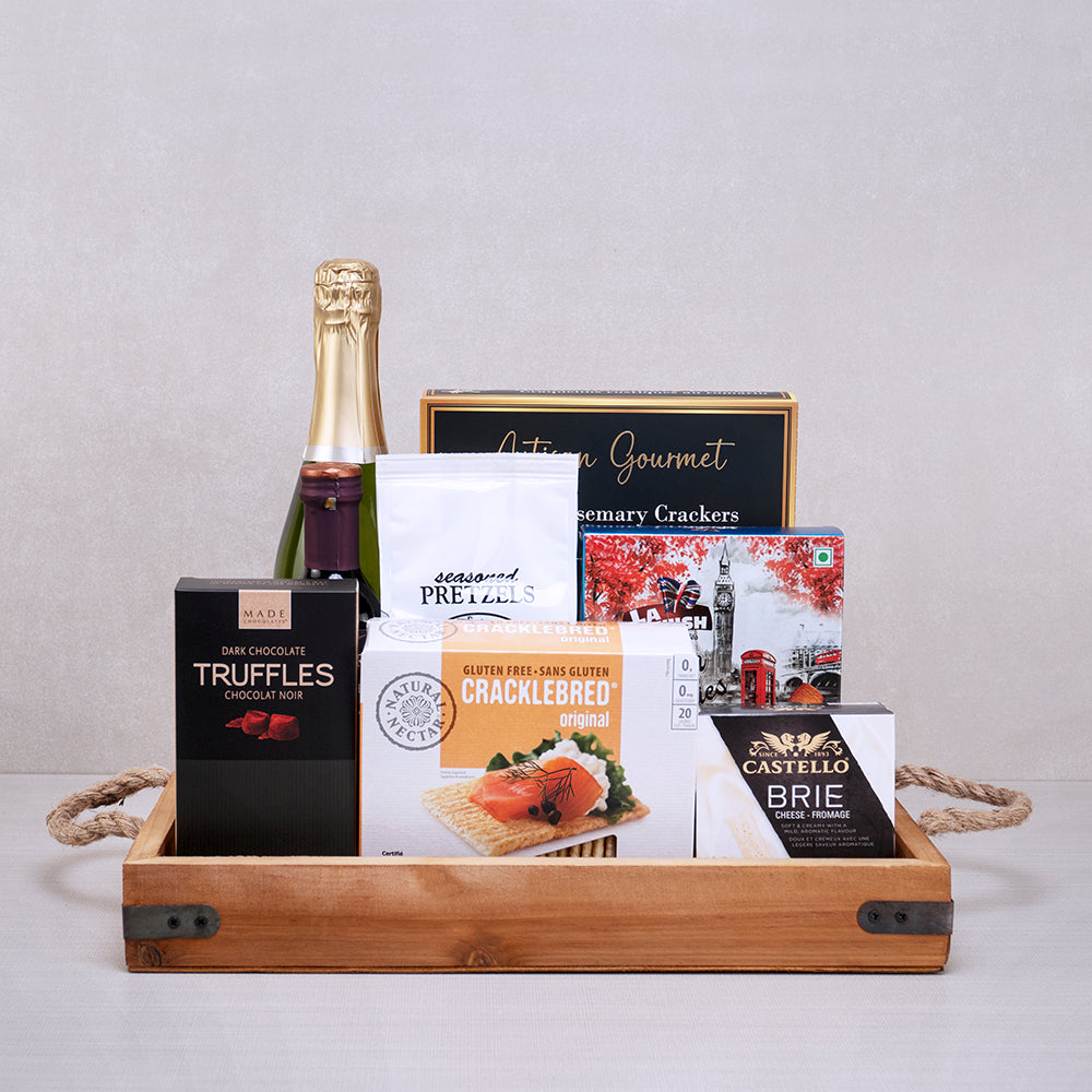 Champagne Delight Gift Board with sparkling wine, Made dark chocolate truffles, Castello brie and Cracklebred on a wood tray
